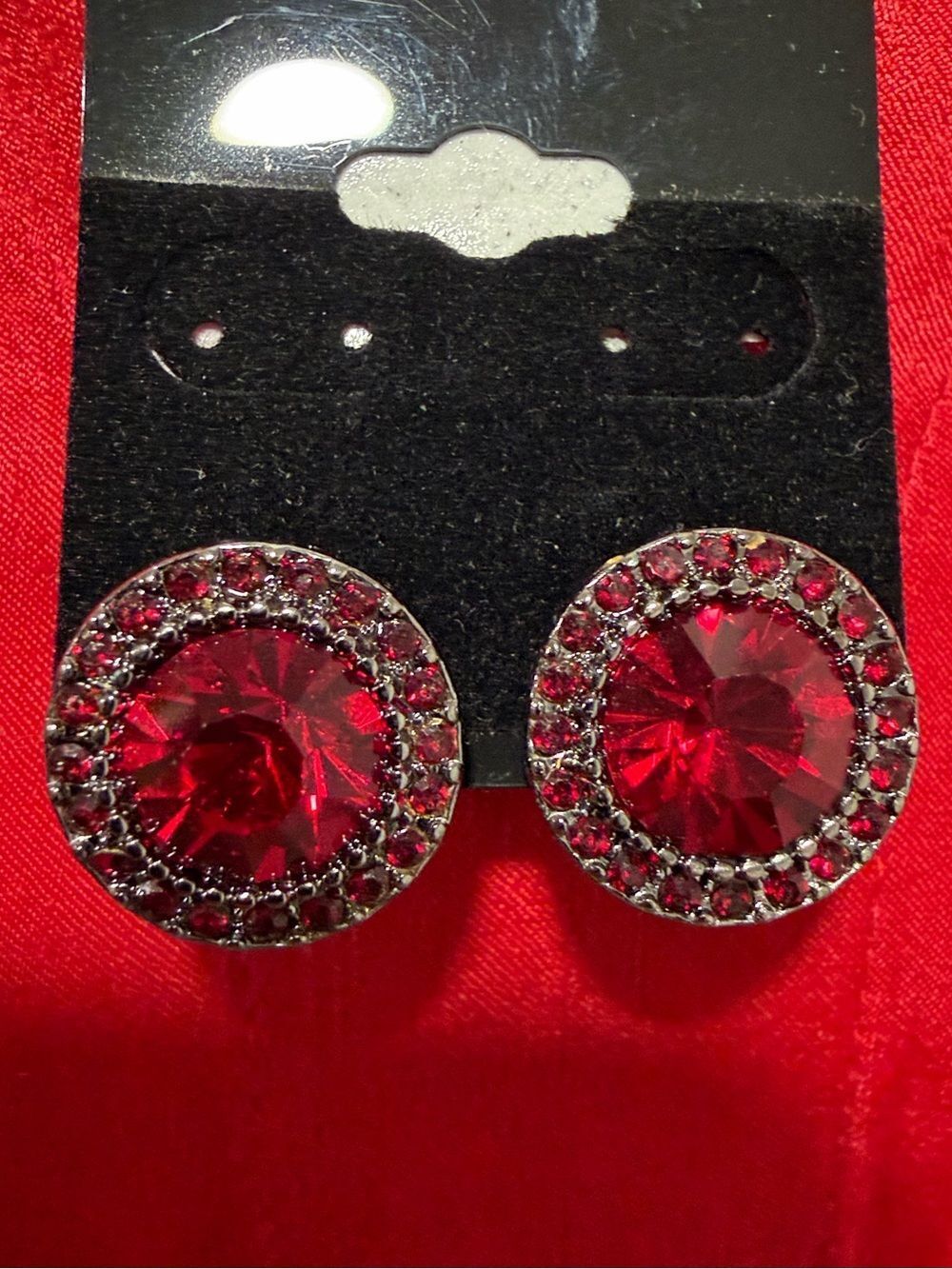 Vintage Silver Tone Red Crystals Stud Earrings